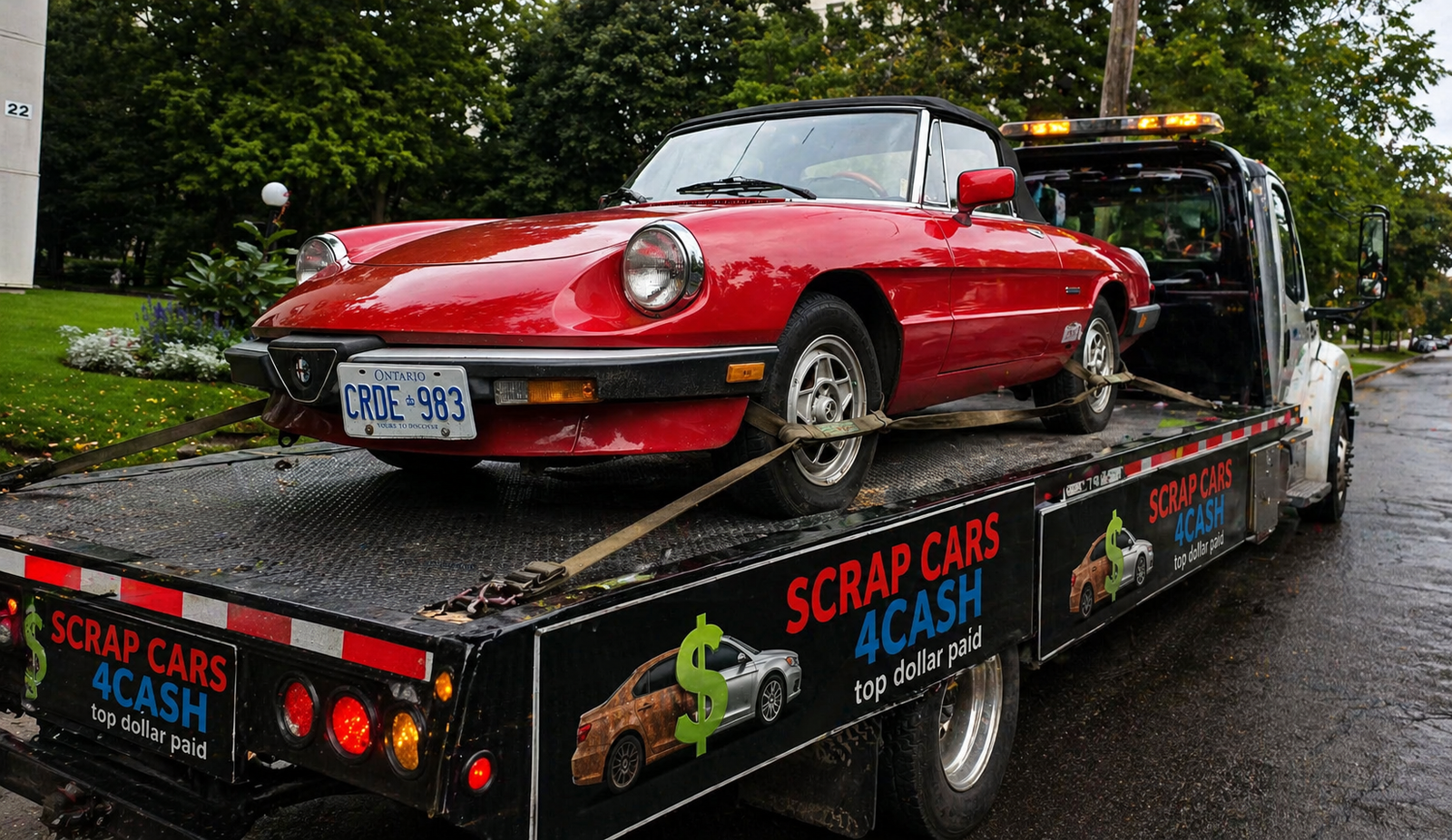 Scrap Cars 4 Cash flatbed tow truck picking up vehicle in Aurora Ontario