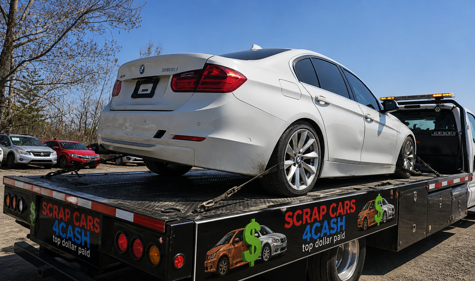 Scrap Cars 4 Cash flatbed tow truck removing a BMW scrap car in Oshawa Ontario