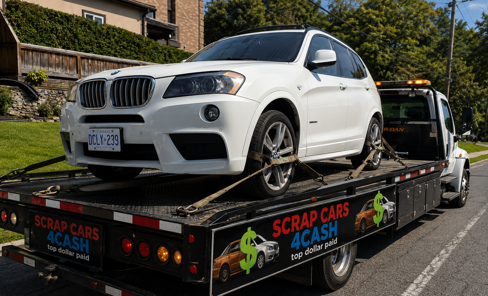 Scrap Cars 4 Cash flatbed tow truck removing a BMW X3 junk car in Whitby Ontario