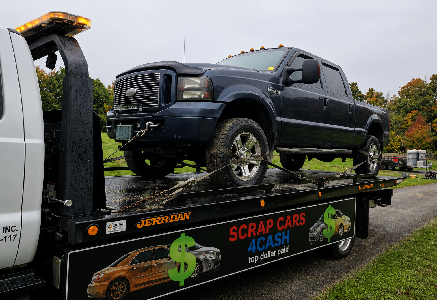 Scrap Cars 4 Cash flatbed tow truck removing a scrap car in Richmond Hill Ontario York Region