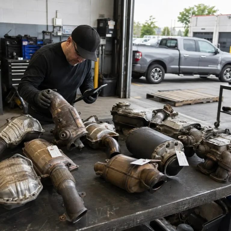 Worker examining multiple converters for catalytic converter buying services
